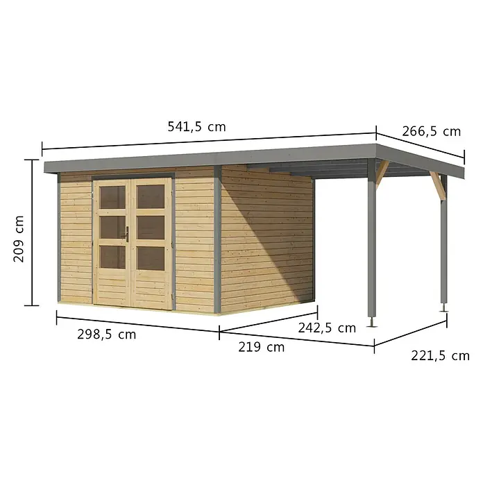 Karibu Gartenhaus Jupiter 5 A - Außenmaß inkl. Dachüberstand (B x T): 541,5 x 266,5 cm, Holz, Naturbelassen/Grau, Mit Seitendach - Holzhütte mit integriertem Carport, graues Dach und Stützpfosten.