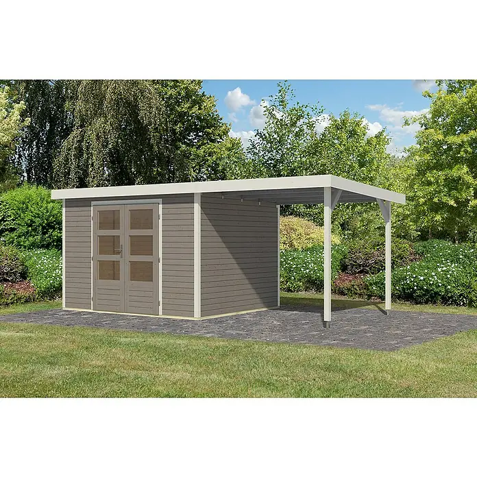 Karibu Gartenhaus Jupiter 5 D - Außenmaß inkl. Dachüberstand (B x T): 541,5 x 266,5 cm, Holz, Wassergrau/Weiß, Mit Seitendach - Geräumiges Gartenhaus mit angebautem Unterstand. Ideal zur Aufbewahrung von Gartengeräten und zum Schutz vor Wettereinflüssen.