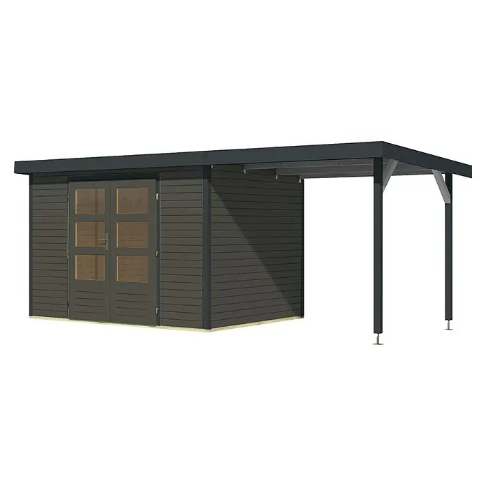 Karibu Gartenhaus Jupiter 4 B - Außenmaß inkl. Dachüberstand (B x T): 541,5 x 236,5 cm, Holz, Terragrau/Anthrazit, Mit Seitendach - Moderne Gartenlaube mit Doppeltür und Carport-Anbau in dunkler Holzoptik für den stilbewussten Gartenliebhaber.