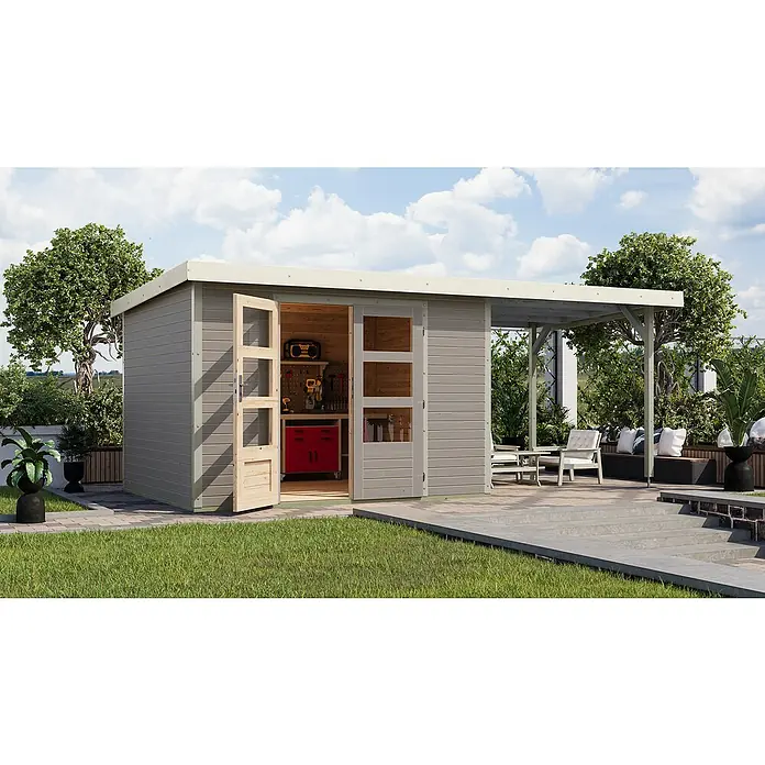 Karibu Gartenhaus Jupiter 5 D - Außenmaß inkl. Dachüberstand (B x T): 541,5 x 266,5 cm, Holz, Wassergrau/Weiß, Mit Seitendach - Geräumiges Gartenhaus mit Werkstattbereich und angrenzender Terrasse mit Sitzgelegenheit für entspannte Stunden im Freien.