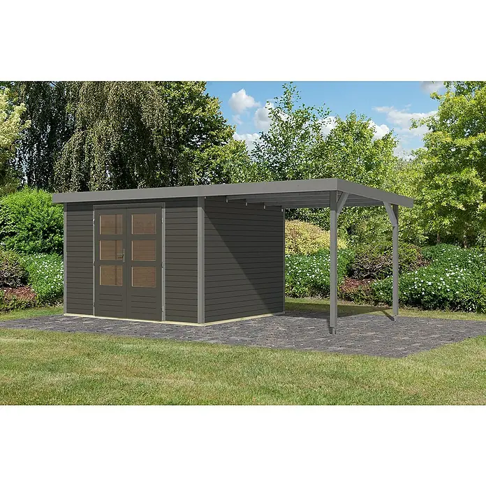Karibu Gartenhaus Jupiter 5 B - Außenmaß inkl. Dachüberstand (B x T): 541,5 x 266,5 cm, Holz, Terragrau/Grau, Mit Seitendach - Gartenhaus mit Überdachung. Das graue Gartenhaus bietet Stauraum und Schutz, ideal für Gartenutensilien und Entspannung im Freien.