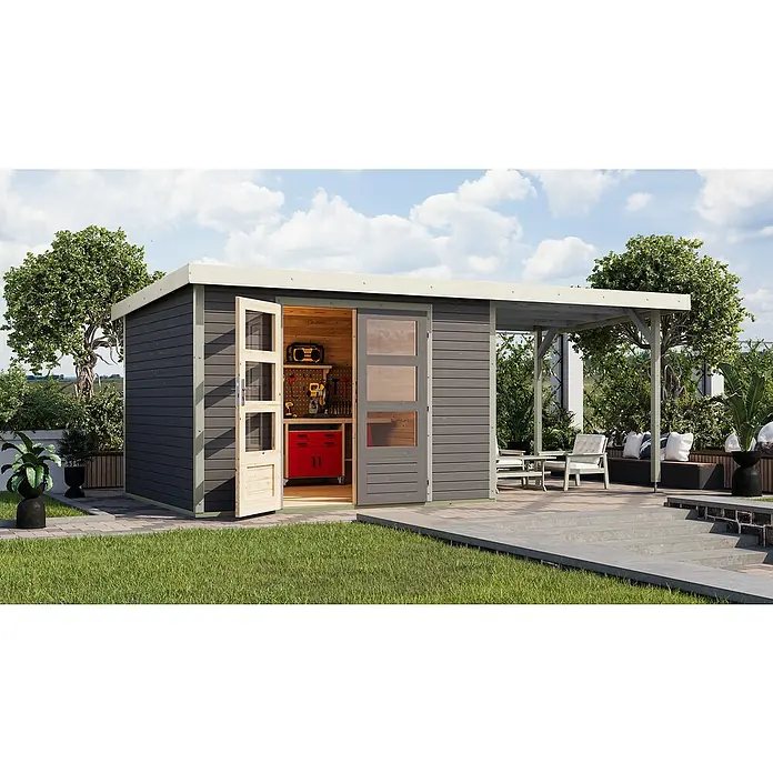 Karibu Gartenhaus Jupiter 5 B - Außenmaß inkl. Dachüberstand (B x T): 541,5 x 266,5 cm, Holz, Terragrau/Weiß, Mit Seitendach - Geräumiges Gartenhaus mit Werkstattbereich und überdachter Terrasse, ideal für Hobbygärtner und Handwerker, bietet viel Stauraum und Arbeitsfläche.