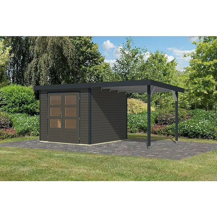 Karibu Gartenhaus Jupiter 3,5 B - Außenmaß inkl. Dachüberstand (B x T): 486,5 x 266,5 cm, Holz, Terragrau/Anthrazit, Mit Seitendach - Moderne Gartenlaube mit integriertem Geräteschuppen und überdachtem Anbau, ideal für Gartenarbeit und Entspannung im Freien.