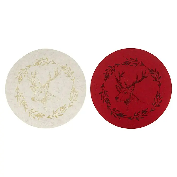 Platzset Hirsch - 1 Stk., Sortiert, Durchmesser: 38 cm - Zwei runde Papieruntersetzer: einer cremefarben mit goldenem Hirsch und Kranz, einer rot mit dunklem Hirsch und Kranz. Festliche Deko.