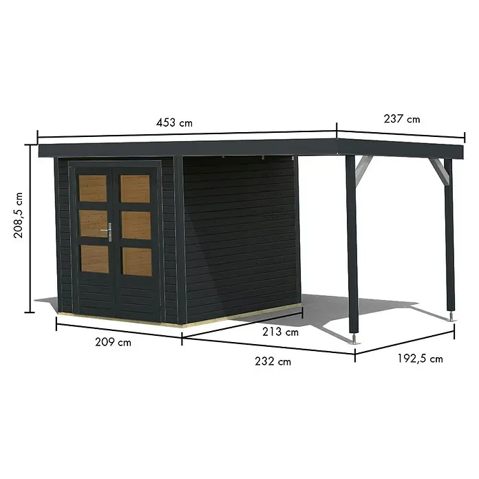 Karibu Gartenhaus Jupiter 2 C - Außenmaß inkl. Dachüberstand (B x T): 453 x 235 cm, Holz, Anthrazit - Dunkelgrauer Holzgartenschuppen mit angebautem Carport und braunen Türen, detaillierte Maße angegeben.