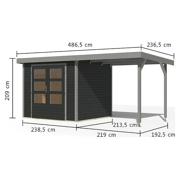 Karibu Gartenhaus Jupiter 3 C - Außenmaß inkl. Dachüberstand (B x T): 486,5 x 236,5 cm, Holz, Anthrazit/Grau - Dunkelgrauer Holzschuppen mit integriertem Carport und Maßen.