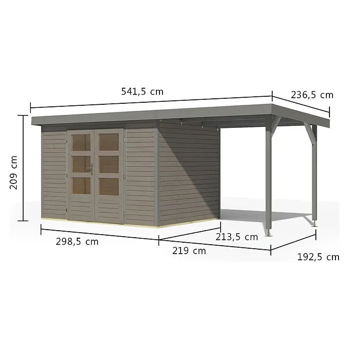 Karibu Gartenhaus Jupiter 4 D - Außenmaß inkl. Dachüberstand (B x T): 541,5 x 236,5 cm, Holz, Wassergrau/Grau, Mit Seitendach - Gartenhaus aus Holz mit angebautem offenem Carport, Maße abgebildet.