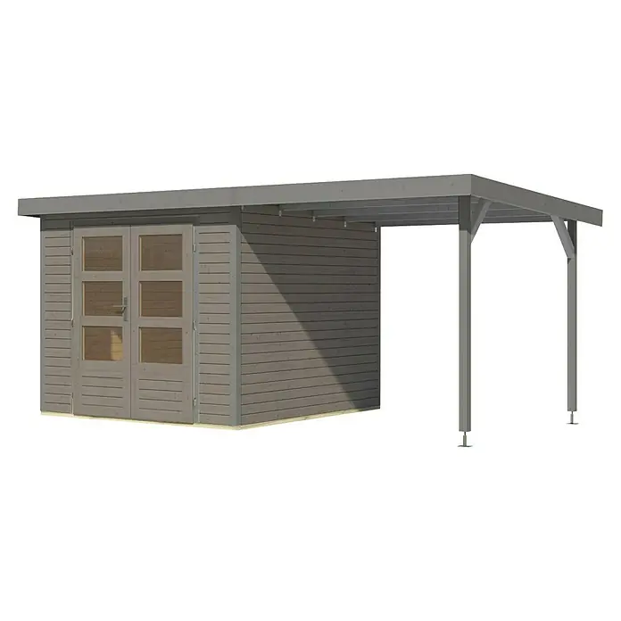 Karibu Gartenhaus Jupiter 3,5 D - Außenmaß inkl. Dachüberstand (B x T): 486,5 x 266,5 cm, Holz, Wassergrau, Mit Seitendach - Ein hellgraues Gartenhaus mit Doppeltür und angebautem Carport, ideal für die Aufbewahrung von Gartengeräten und als Wetterschutz.