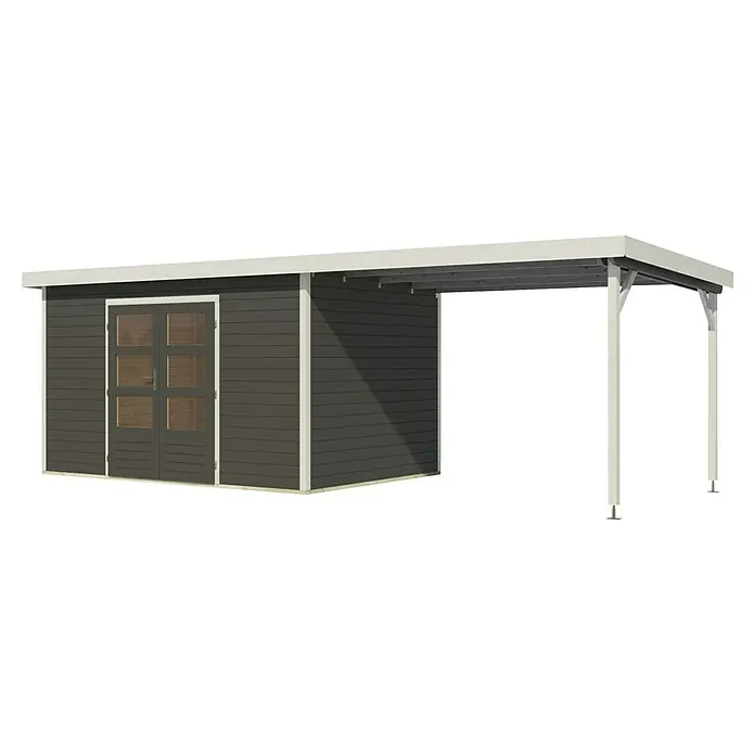 Karibu Gartenhaus Pluto 7 B - Außenmaß inkl. Dachüberstand (B x T): 692,5 x 273 cm, Holz, Terragrau - Gartenschuppen mit Vordach für Lagerzwecke, Wetterschutz und zusätzlichen Stauraum. Vielseitig und robust für den Außenbereich.
