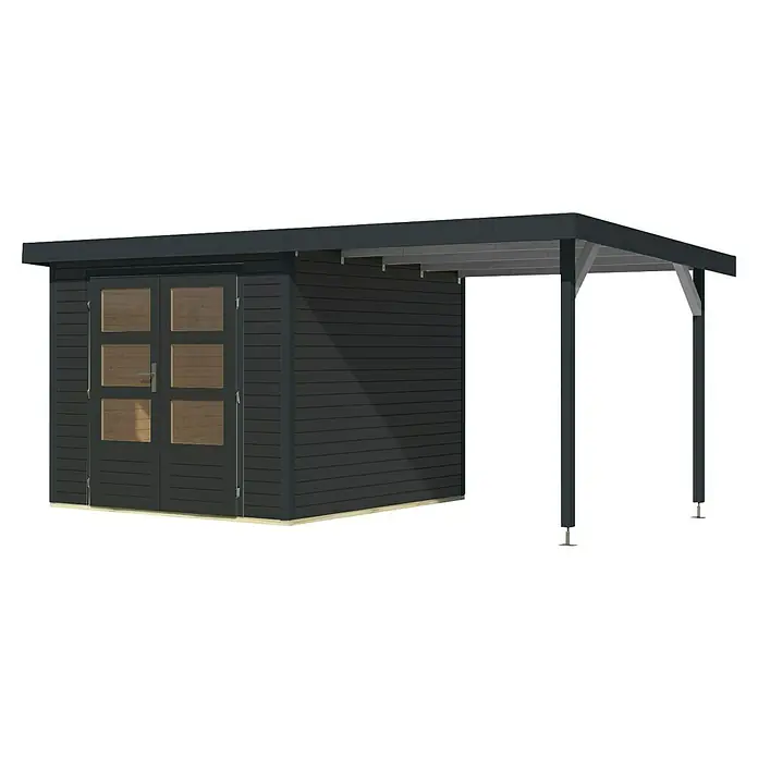 Karibu Gartenhaus Jupiter 3,5 C - Außenmaß inkl. Dachüberstand (B x T): 486,5 x 266,5 cm, Holz, Anthrazit, Mit Seitendach - Das moderne Gartenhaus in Anthrazit bietet stilvollen Stauraum mit Doppeltür und integriertem Carport für vielseitige Nutzung im Außenbereich.