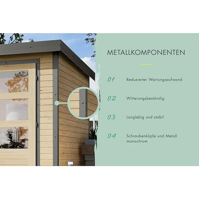 Karibu Gartenhaus Jupiter 5 A - Außenmaß inkl. Dachüberstand (B x T): 320,5 x 266,5 cm, Holz, Naturbelassen/Grau - Detailansicht eines Holzhauses mit Fokus auf die Metallkomponenten, die für Stabilität und Langlebigkeit sorgen.