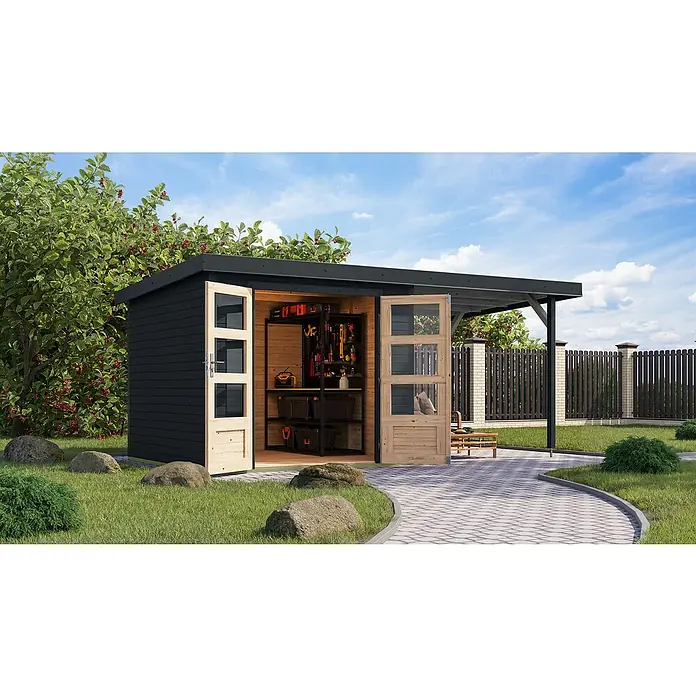 Karibu Gartenhaus Jupiter 3,5 C - Außenmaß inkl. Dachüberstand (B x T): 486,5 x 266,5 cm, Holz, Anthrazit, Mit Seitendach - Eine moderne Gartenlaube mit offen stehenden Türen, die einen Blick auf die Regale und Werkzeuge im Inneren freigeben.