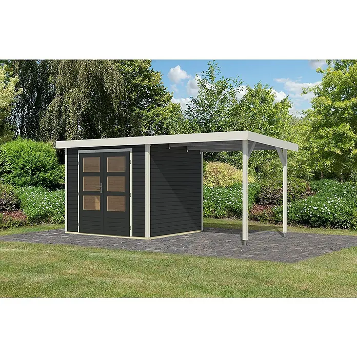 Karibu Gartenhaus Jupiter 3 C - Außenmaß inkl. Dachüberstand (B x T): 486,5 x 236,5 cm, Holz, Anthrazit/Weiß - Ein modernes Gartenhaus mit Carport-Anbau, ideal zur Lagerung und als Unterstand im Freien, präsentiert sich in dunklem Holz und hellem Rahmen.