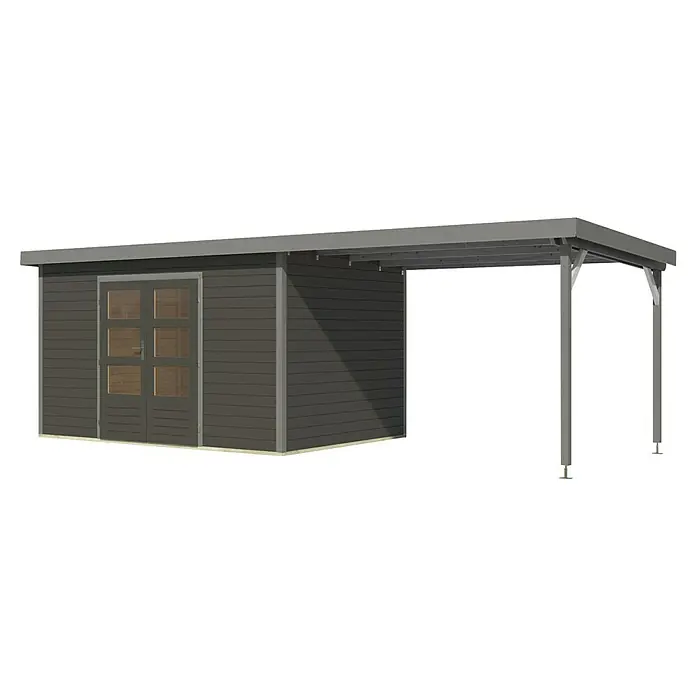 Karibu Gartenhaus Pluto 7 B - Außenmaß inkl. Dachüberstand (B x T): 692,5 x 273 cm, Holz, Terragrau/Grau - Dieses Bild zeigt ein modernes Gartenhaus mit einem stilvollen Carport-Anbau, ideal für zusätzlichen Schutz und Komfort im Freien.
