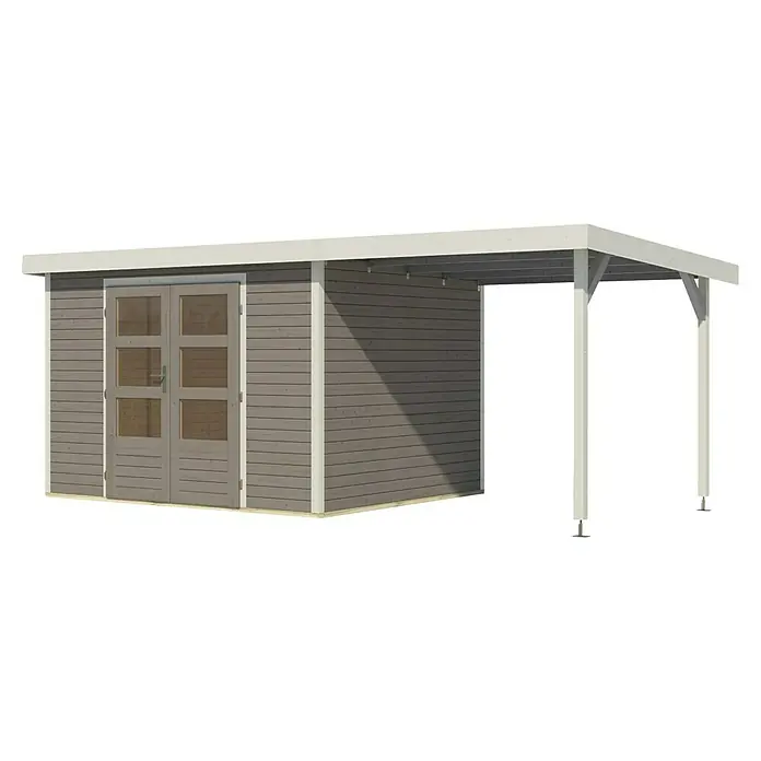 Karibu Gartenhaus Jupiter 5 D - Außenmaß inkl. Dachüberstand (B x T): 541,5 x 266,5 cm, Holz, Wassergrau/Weiß, Mit Seitendach - Gartenhaus mit Doppeltür und überdachtem Bereich, ideal für zusätzlichen Stauraum und Schutz im Freien. Die Holzkonstruktion ist robust und langlebig.