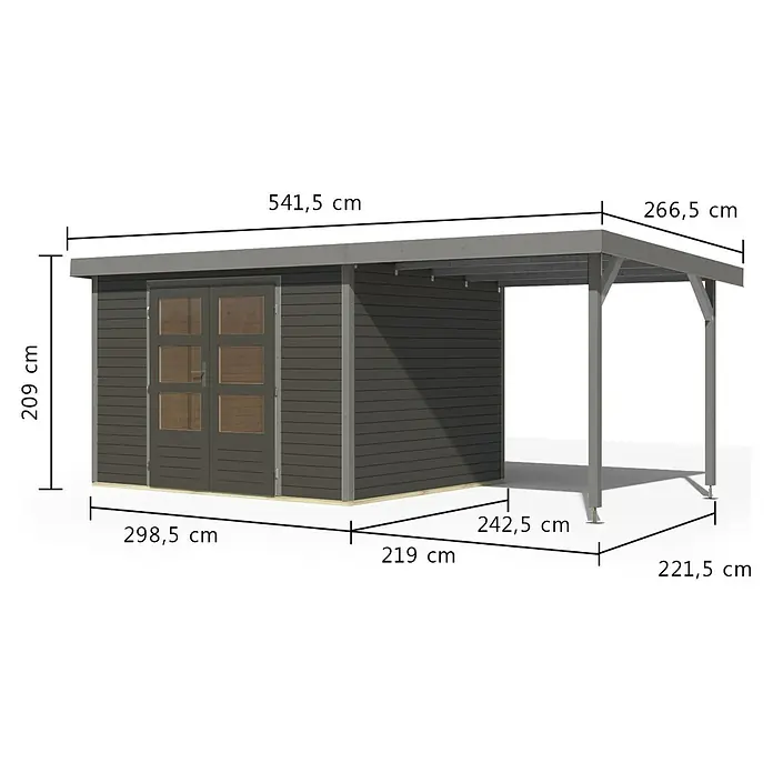 Karibu Gartenhaus Jupiter 5 B - Außenmaß inkl. Dachüberstand (B x T): 541,5 x 266,5 cm, Holz, Terragrau/Grau, Mit Seitendach - Dunkelgraues Holzgartenhaus mit angebautem Carport, Doppeltüren und offener Dachkonstruktion.