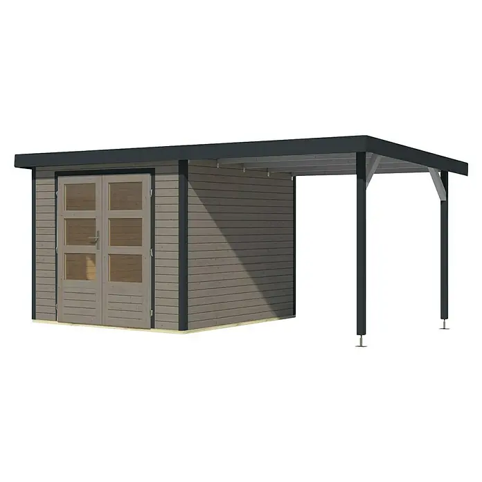 Karibu Gartenhaus Jupiter 3,5 D - Außenmaß inkl. Dachüberstand (B x T): 486,5 x 266,5 cm, Holz, Wassergrau/Anthrazit, Mit Seitendach - Das Bild zeigt ein modernes Gartenhaus mit Doppeltür und einem angrenzenden überdachten Bereich, ideal für den Außenbereich.