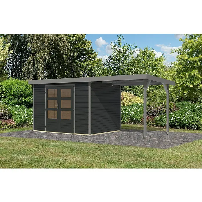 Karibu Gartenhaus Jupiter 4 C - Außenmaß inkl. Dachüberstand (B x T): 541,5 x 236,5 cm, Holz, Anthrazit/Grau, Mit Seitendach - Ein modernes Gartenhaus mit einem stilvollen Carport-Anbau, ideal für zusätzlichen Stauraum und Wetterschutz im Garten.