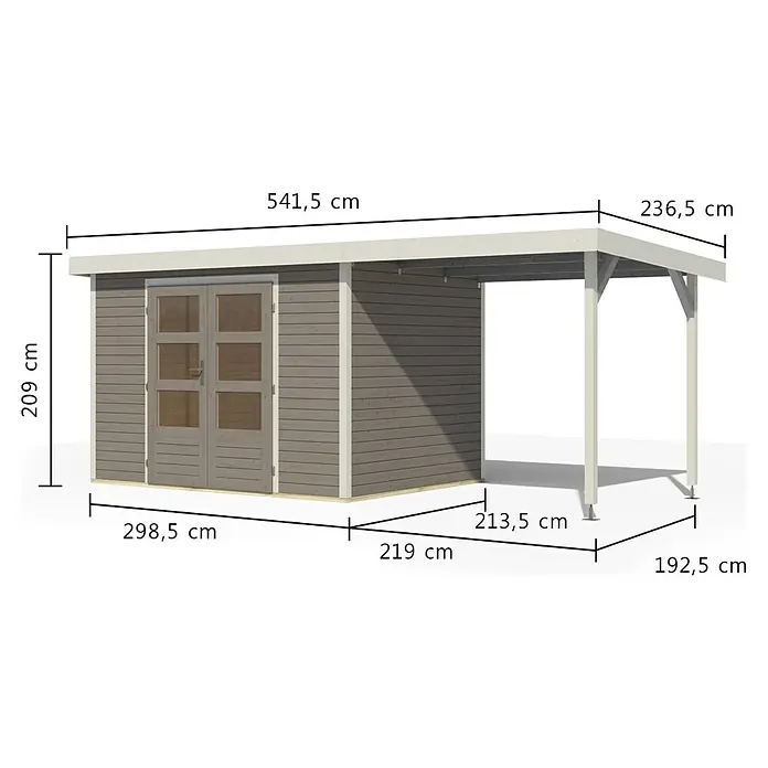 Karibu Gartenhaus Jupiter 4 D - Außenmaß inkl. Dachüberstand (B x T): 541,5 x 236,5 cm, Holz, Wassergrau/Weiß, Mit Seitendach - Braun-graues Gartenhaus aus Holz mit hellem Akzent und angebautem Carport für Stauraum und Unterstand.