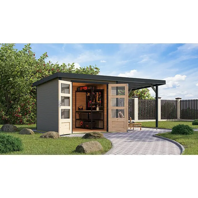 Karibu Gartenhaus Jupiter 3,5 D - Außenmaß inkl. Dachüberstand (B x T): 486,5 x 266,5 cm, Holz, Wassergrau/Anthrazit, Mit Seitendach - Das Bild zeigt ein modernes Gartenhaus mit offenstehenden Doppeltüren und einem Unterstand. Im Inneren des Hauses befindet sich ein Regal mit Werkzeugen.