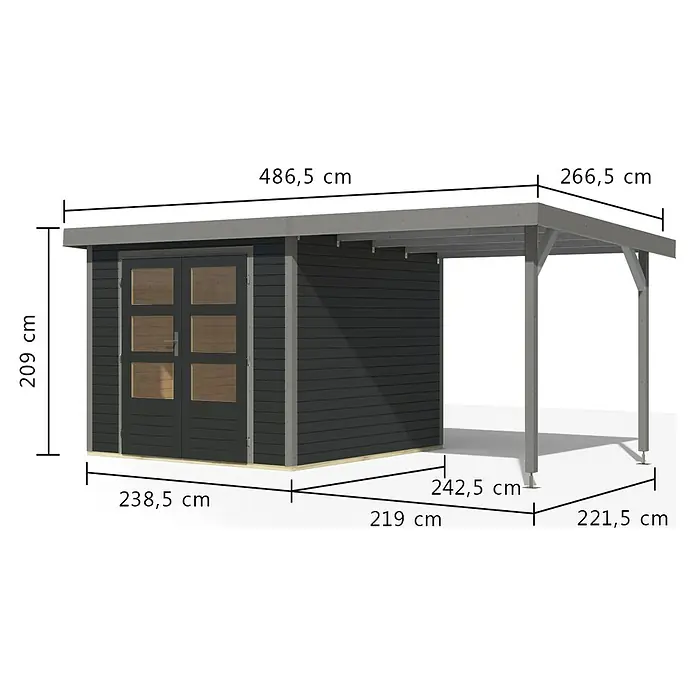 Karibu Gartenhaus Jupiter 3,5 C - Außenmaß inkl. Dachüberstand (B x T): 486,5 x 266,5 cm, Holz, Anthrazit/Grau, Mit Seitendach - Dunkelgraues Holzgartenhaus mit integriertem hellgrauen Carport.
