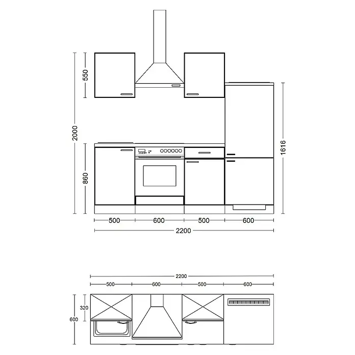Flex-Well Turin Küchenzeile Typ 1 - Breite: 220 cm, Höhe: 200 cm, Anthrazit, Mit Elektrogeräten - Detaillierter Küchengrundriss mit Ober- und Unterschränken, Einbaugeräten (Ofen, Kochfeld, Spüle, Kühlschrank, Dunstabzugshaube) und umfassenden Maßen zur Installation.
