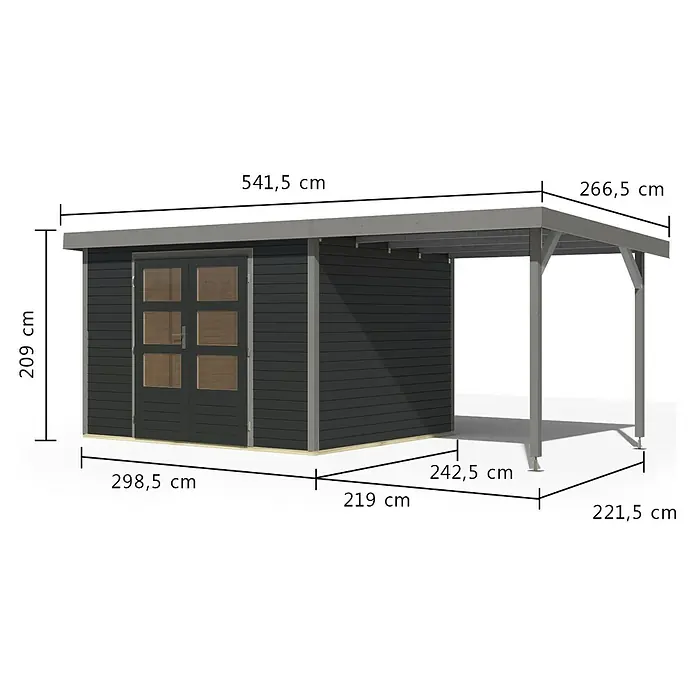 Karibu Gartenhaus Jupiter 5 C - Außenmaß inkl. Dachüberstand (B x T): 541,5 x 266,5 cm, Holz, Anthrazit/Grau, Mit Seitendach - Dunkelgrauer Holzschuppen mit angebautem grauem Carport, mit verschiedenen Abmessungen.