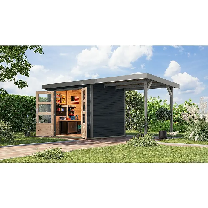 Karibu Gartenhaus Jupiter 3 C - Außenmaß inkl. Dachüberstand (B x T): 486,5 x 236,5 cm, Holz, Anthrazit/Grau - Modernes Gartenhaus mit Carport-Anbau und geöffneten Holztüren, umgeben von Grünflächen und Pflanzen.