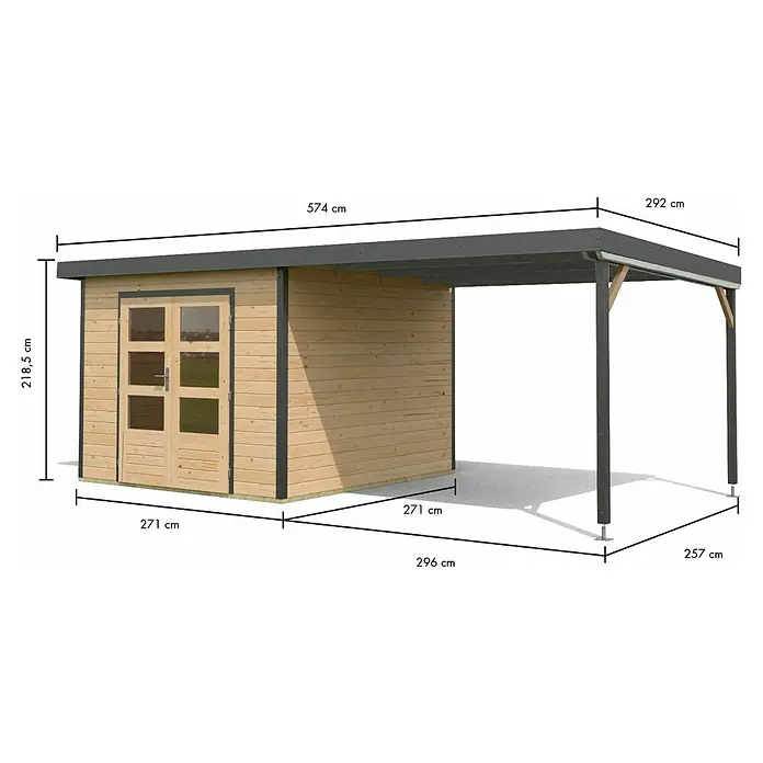 Karibu Gartenhaus Pluto 6 A - Außenmaß inkl. Dachüberstand (B x T): 595,5 x 292,4 cm, Fichte/ Metall, Naturbelassen/ Anthrazit - Mehrfunktionaler Holzschuppen mit angebautem dunkelgrauem Carport und Doppeltür.