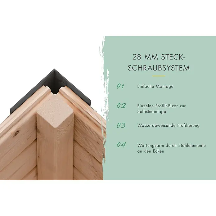 Karibu Gartenhaus Pluto 7 B - Außenmaß inkl. Dachüberstand (B x T): 390 x 273 cm, Holz, Terragrau/Weiß - Holzeckverbindung eines 28 mm Steck-Schraubsystems, das einfache Montage, Selbstmontage mit Profilhölzern, wasserabweisende Profilierung und wartungsarme Stahlelemente bietet.