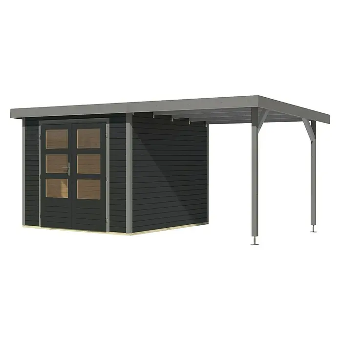 Karibu Gartenhaus Jupiter 3,5 C - Außenmaß inkl. Dachüberstand (B x T): 486,5 x 266,5 cm, Holz, Anthrazit/Grau, Mit Seitendach - Ein graues Gartenhaus mit Vordach, das zusätzlichen Stauraum und Schutz im Außenbereich bietet.