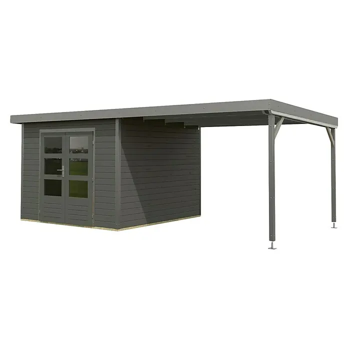 Karibu Gartenhaus Pluto 6 B - Außenmaß inkl. Dachüberstand (B x T): 595,5 x 292,4 cm, Holz, Terragrau/Grau - Ein graues Gartenhaus mit einer überdachten Terrasse, ideal für Entspannung im Freien und als stilvolle Ergänzung für jeden Garten.