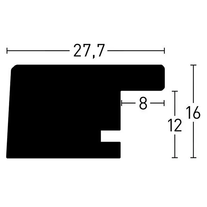 Accent Holzrahmen Oslo - 60 x 80 cm, Eiche - Abmessungen eines schwarzen Profils mit den Maßen 27,7 mm, 8 mm, 16 mm und 12 mm für detaillierte Baupläne.