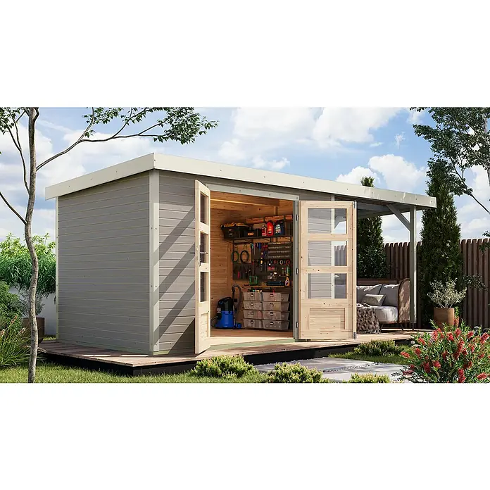 Karibu Gartenhaus Jupiter 4 D - Außenmaß inkl. Dachüberstand (B x T): 541,5 x 236,5 cm, Holz, Wassergrau/Weiß, Mit Seitendach - Geräumiges Gartenhaus mit Doppeltüren und Werkzeugregal. Ideal für Gartenliebhaber und Heimwerker zur Aufbewahrung von Gartengeräten und Werkzeugen.