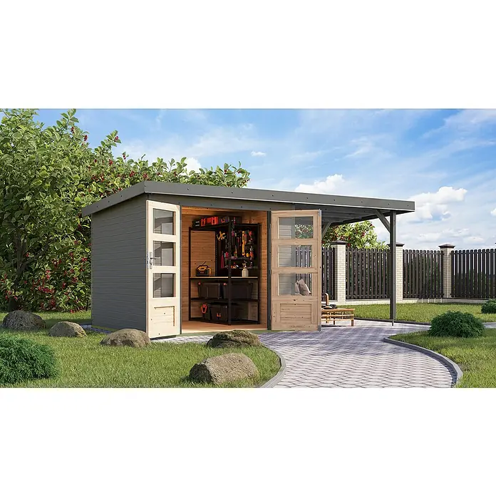 Karibu Gartenhaus Jupiter 3,5 D - Außenmaß inkl. Dachüberstand (B x T): 486,5 x 266,5 cm, Holz, Wassergrau, Mit Seitendach - Ein geräumiges Gartenhaus mit Carport, ideal für die Aufbewahrung von Werkzeugen und Geräten, mit geöffneten Türen und Regalen im Inneren.