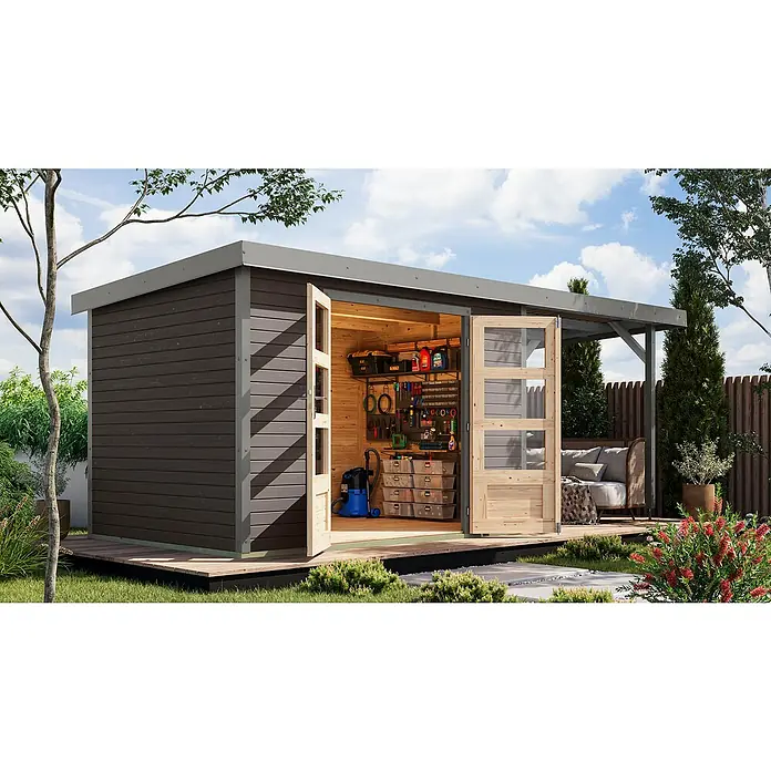 Karibu Gartenhaus Jupiter 4 B - Außenmaß inkl. Dachüberstand (B x T): 541,5 x 236,5 cm, Holz, Terragrau/Grau, Mit Seitendach - Ein geräumiges Gartenhaus mit geöffneten Doppeltüren, das einen Einblick in eine Werkstatt mit Werkzeugen und Regalen bietet.
