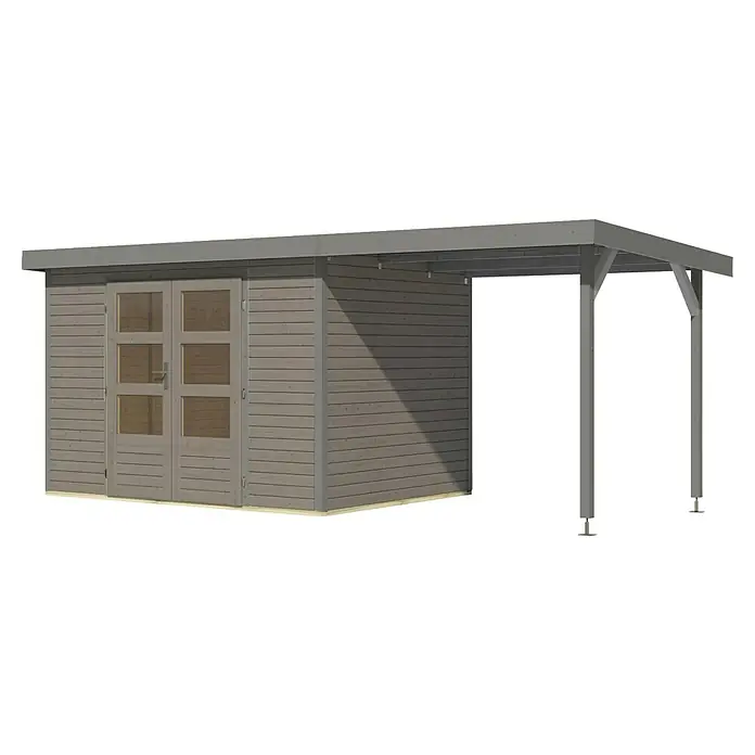 Karibu Gartenhaus Jupiter 4 D - Außenmaß inkl. Dachüberstand (B x T): 541,5 x 236,5 cm, Holz, Wassergrau/Grau, Mit Seitendach - Abbildung eines Gartenhauses mit Doppeltür und einem kleinen überdachten Anbau, ideal für die Lagerung von Gartengeräten und als Wetterschutz.