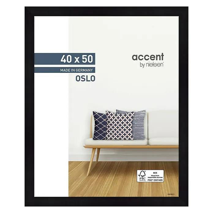 Accent Holzrahmen Oslo - 40 x 50 cm, Schwarz - Elegantes Nielsen-Akzent-Foto-/Posterrahmen-Set in Schwarz, ideal zum stilvollen Präsentieren von Bildern oder Postern im Format 40x50.