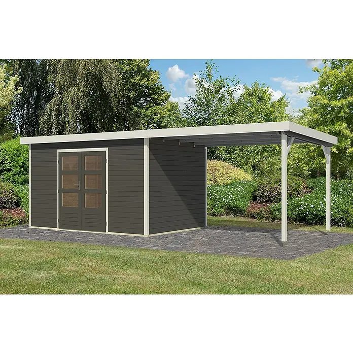 Karibu Gartenhaus Pluto 7 B - Außenmaß inkl. Dachüberstand (B x T): 692,5 x 273 cm, Holz, Terragrau - Abbildung eines modernen Gartenhauses mit angebautem Carportbereich, ideal für die Aufbewahrung und als Unterstand.