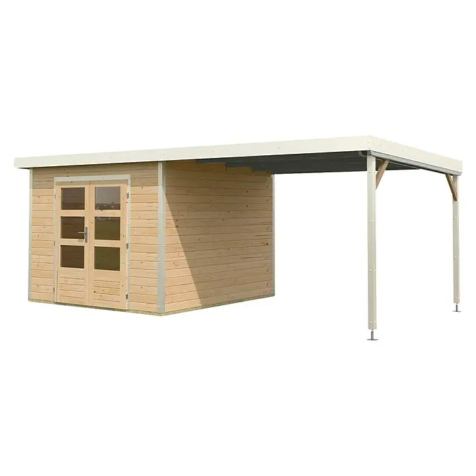 Karibu Gartenhaus Pluto 6 A - Außenmaß inkl. Dachüberstand (B x T): 595,5 x 292,4 cm, Fichte/ Metall, Naturbelassen/ Weiß - Das Bild zeigt ein modernes Gartenhaus mit Vordach, ideal für Entspannung und Lagerung im Außenbereich. Holzstruktur mit heller Farbgebung.