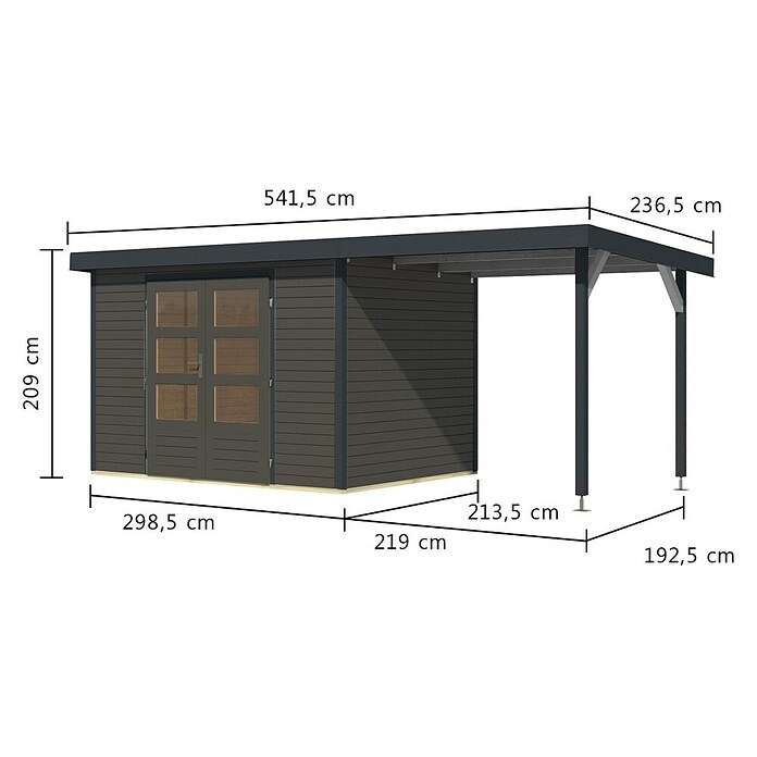 Karibu Gartenhaus Jupiter 4 B (Außenmaß inkl. Dachüberstand (B x T): 541,5 x 236,5 cm, Holz, Terragrau/Anthrazit, Mit Seitendach) | BAUHAUS