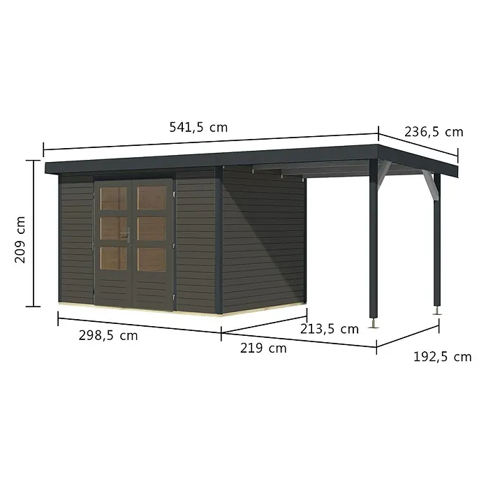 Karibu Gartenhaus Jupiter 4 B - Außenmaß inkl. Dachüberstand (B x T): 541,5 x 236,5 cm, Holz, Terragrau/Anthrazit, Mit Seitendach - Dunkelgraues Holzgartenhaus mit integriertem offenem Carport, Doppeltüren und Flachdach.
