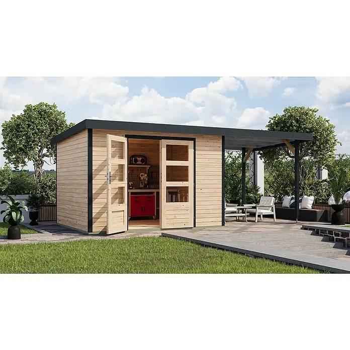 Karibu Gartenhaus Jupiter 5 A - Außenmaß inkl. Dachüberstand (B x T): 541,5 x 266,5 cm, Holz, Naturbelassen/Anthrazit, Mit Seitendach - Außenansicht eines Holzgartenhauses mit offenen Doppeltüren, das einen Blick auf eine Werkbank mit Werkzeugen im Inneren freigibt.