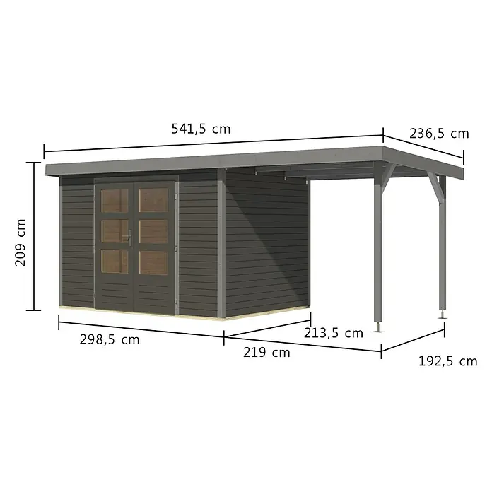 Karibu Gartenhaus Jupiter 4 B - Außenmaß inkl. Dachüberstand (B x T): 541,5 x 236,5 cm, Holz, Terragrau/Grau, Mit Seitendach - Dunkelgraues Holzgartenhaus mit Doppeltür und angebautem Carport, Maße angezeigt.