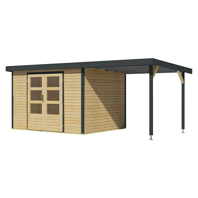 Karibu Gartenhaus Jupiter 5 A - Außenmaß inkl. Dachüberstand (B x T): 541,5 x 266,5 cm, Holz, Naturbelassen/Anthrazit, Mit Seitendach - Das moderne Gartenhaus mit Vordach bietet zusätzlichen Stauraum und Schutz vor den Elementen. Ein attraktiver Blickfang für jeden Garten.