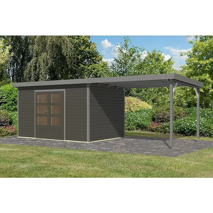 Karibu Gartenhaus Pluto 7 B - Außenmaß inkl. Dachüberstand (B x T): 692,5 x 273 cm, Holz, Terragrau/Grau - Gartenhaus mit Anbau: Ein modernes Gartenhaus in Grau mit einem praktischen Anbau für zusätzlichen Stauraum oder als Unterstand im Garten.