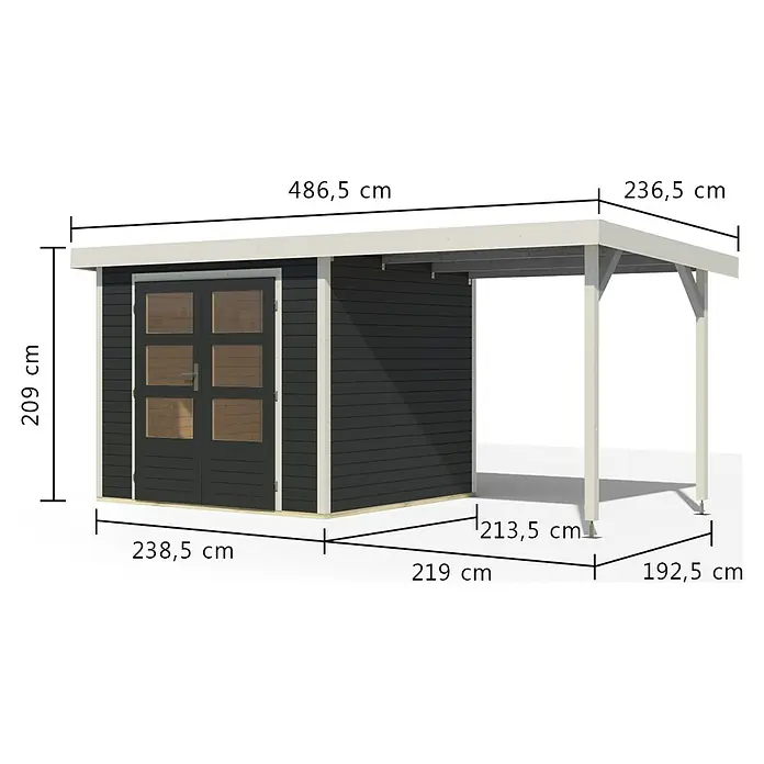 Karibu Gartenhaus Jupiter 3 C - Außenmaß inkl. Dachüberstand (B x T): 486,5 x 236,5 cm, Holz, Anthrazit/Weiß - Dunkelgraues Holzgartenhaus mit hellem, angebautem Carport für Stauraum und Unterstand.