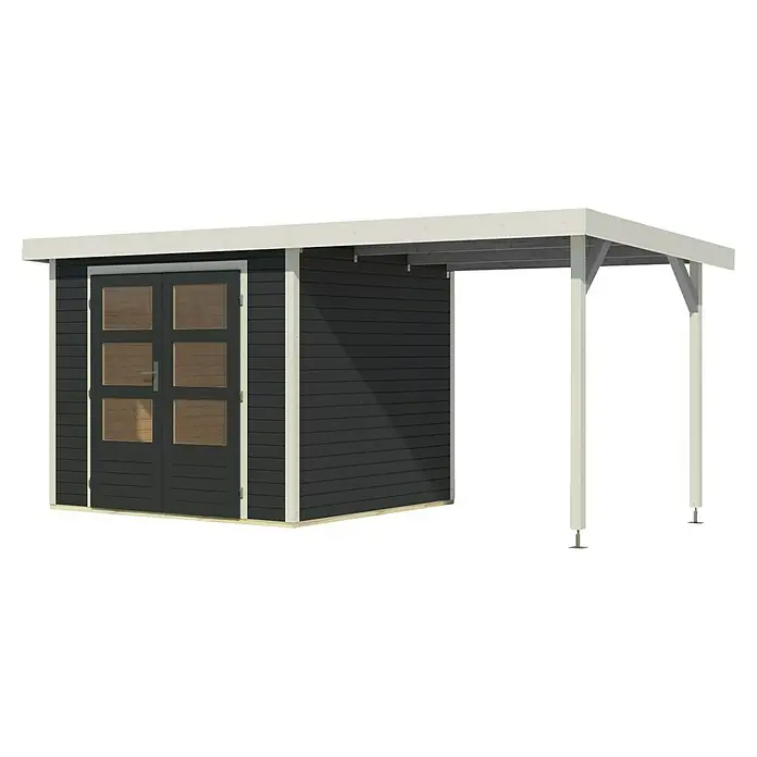Karibu Gartenhaus Jupiter 3 C - Außenmaß inkl. Dachüberstand (B x T): 486,5 x 236,5 cm, Holz, Anthrazit/Weiß - Abbildung eines modernen Gartenhauses mit Doppeltür und angebautem Carport. Das Haus hat eine dunkle Holzverkleidung und weiße Akzente.