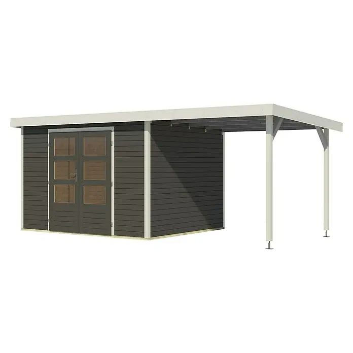 Karibu Gartenhaus Jupiter 5 B - Außenmaß inkl. Dachüberstand (B x T): 541,5 x 266,5 cm, Holz, Terragrau/Weiß, Mit Seitendach - Das Bild zeigt ein modernes Gartenhaus mit grauen Wänden, weißen Akzenten und einer überdachten Veranda, die ideal für den Außenbereich ist.
