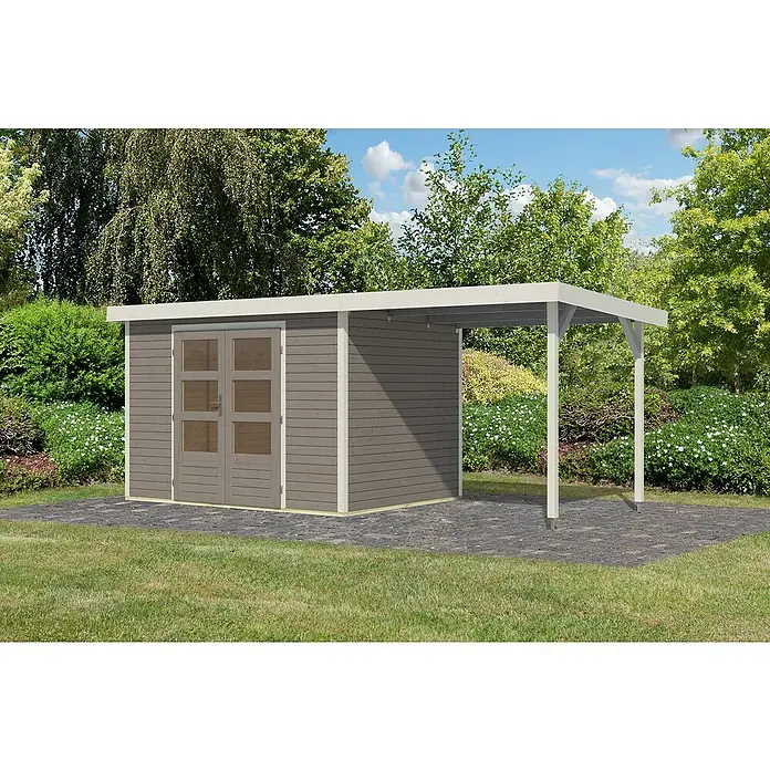 Karibu Gartenhaus Jupiter 4 D - Außenmaß inkl. Dachüberstand (B x T): 541,5 x 236,5 cm, Holz, Wassergrau/Weiß, Mit Seitendach - Geräumiges Gartenhaus mit Überdachung, ideal für die Aufbewahrung von Gartengeräten und Möbeln. Schützt zuverlässig vor Wind und Wetter.